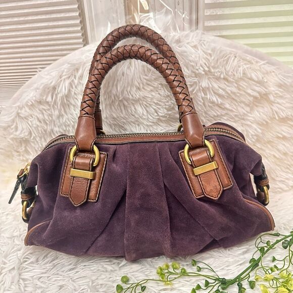 BANANA REPUBLIC Purple Suede Braided Leather Handle Zip Top Satchel Hand Bag - Picture 3 of 10